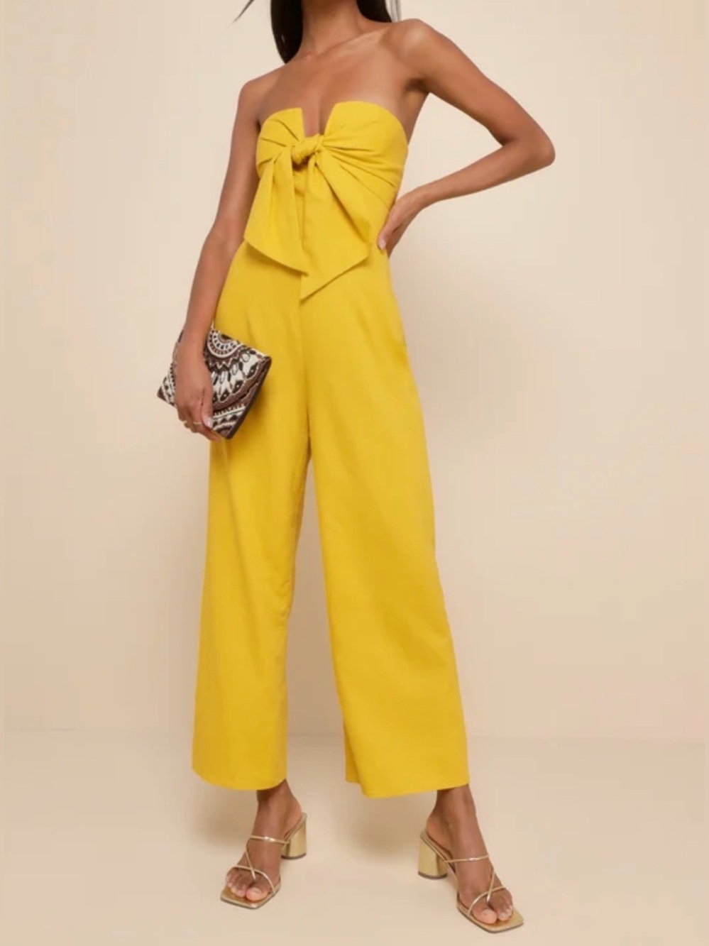 Lulu’s Mustard Yellow Tie-Front bow Strapless Jumpsuit